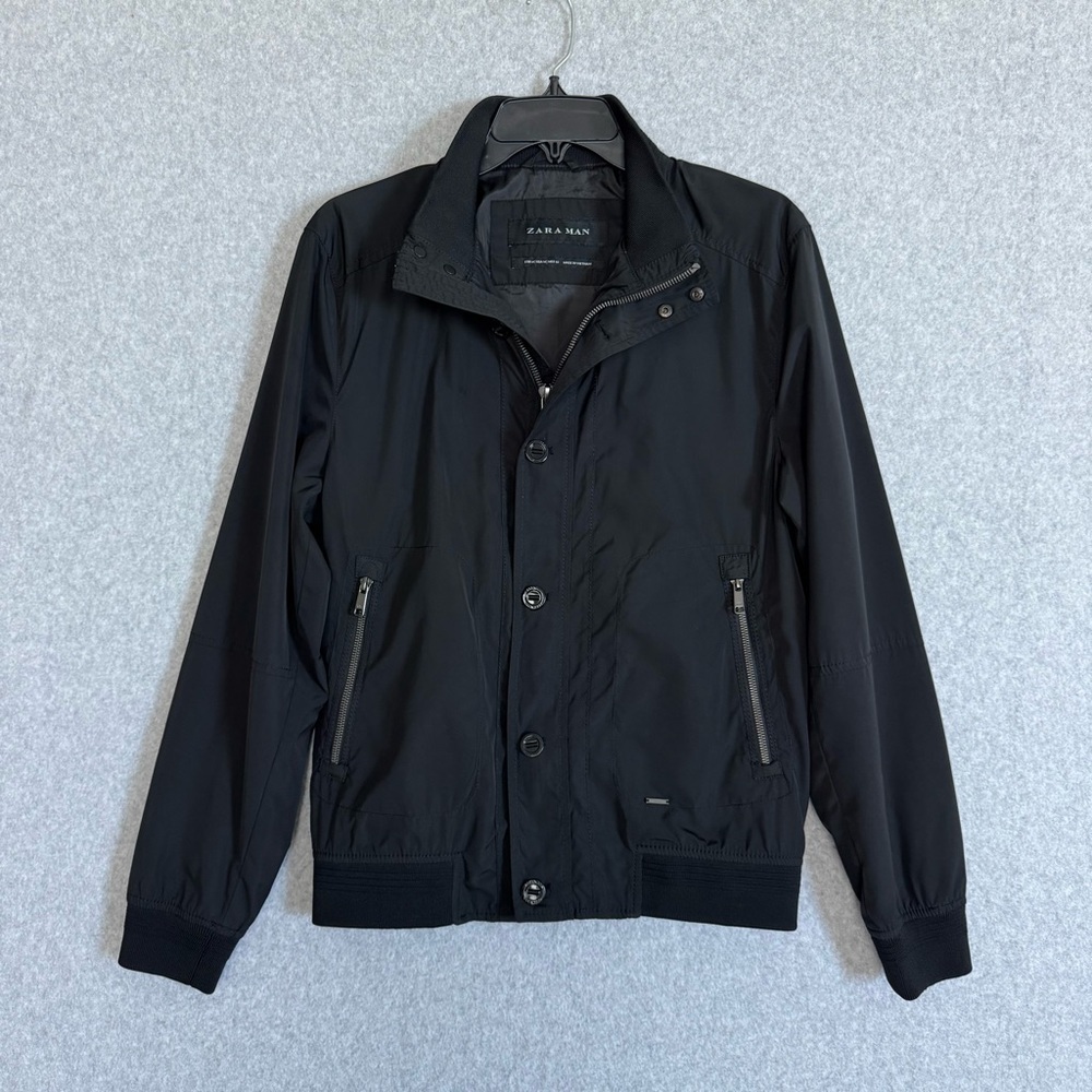 Zara Mens Jacket Size Medium Black Full Zip Bomber Outerwear High Neck Preppy